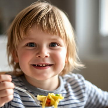 Bambino sorridente seduto a tavola mentre mangia un piatto di pasta con verdure colorate