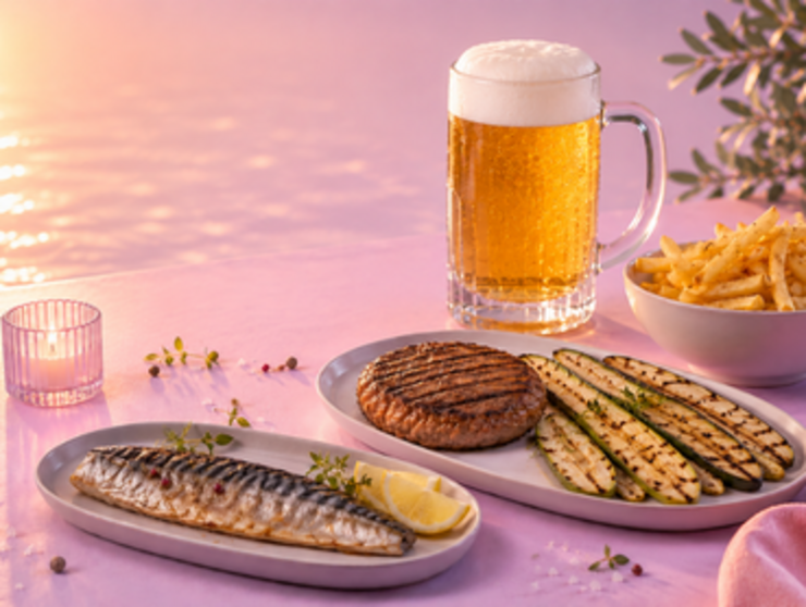 Grigliata: patate, hamburgher, verdure e birra
