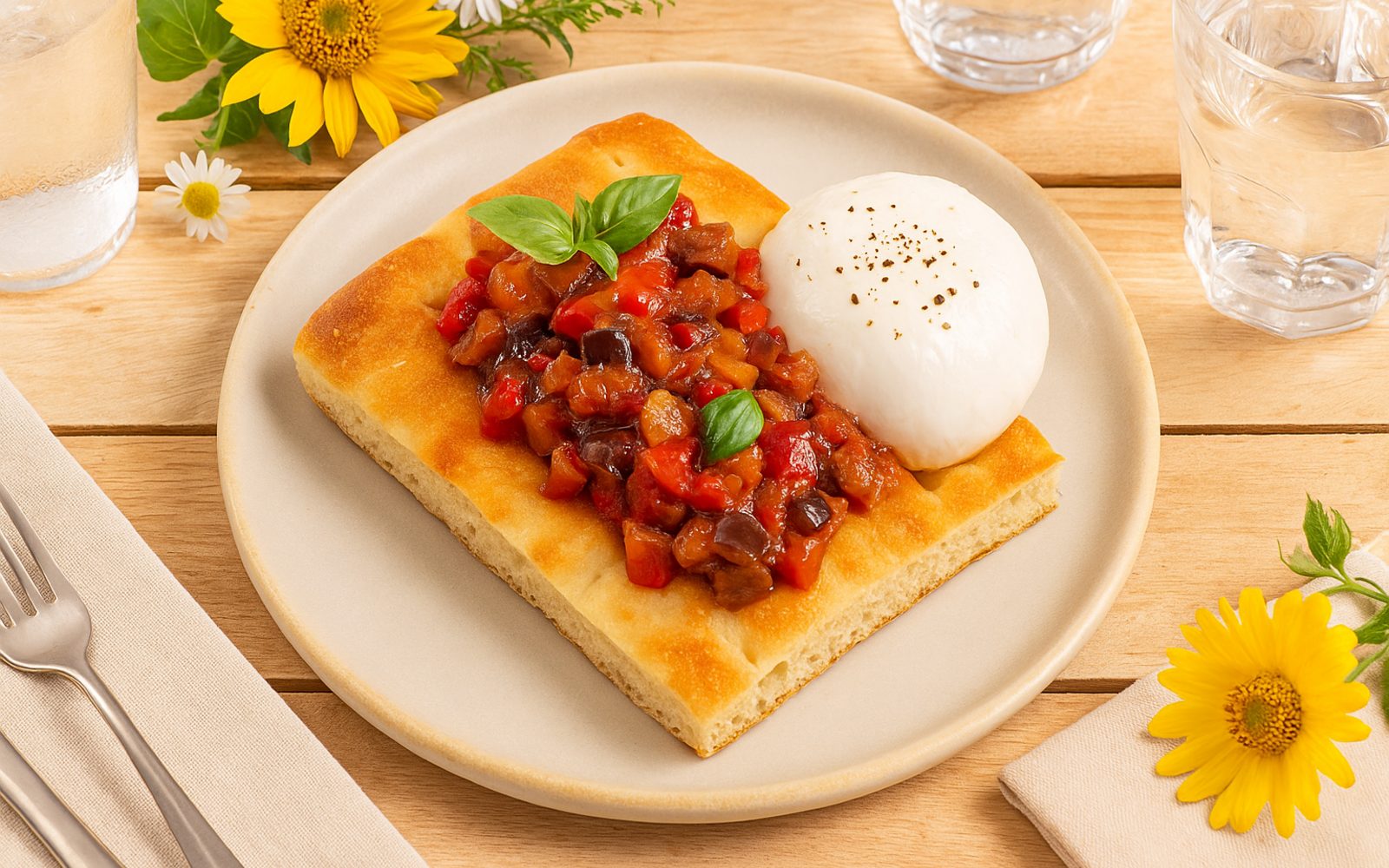 Focaccia con caponata di melanzane e burrata fresca