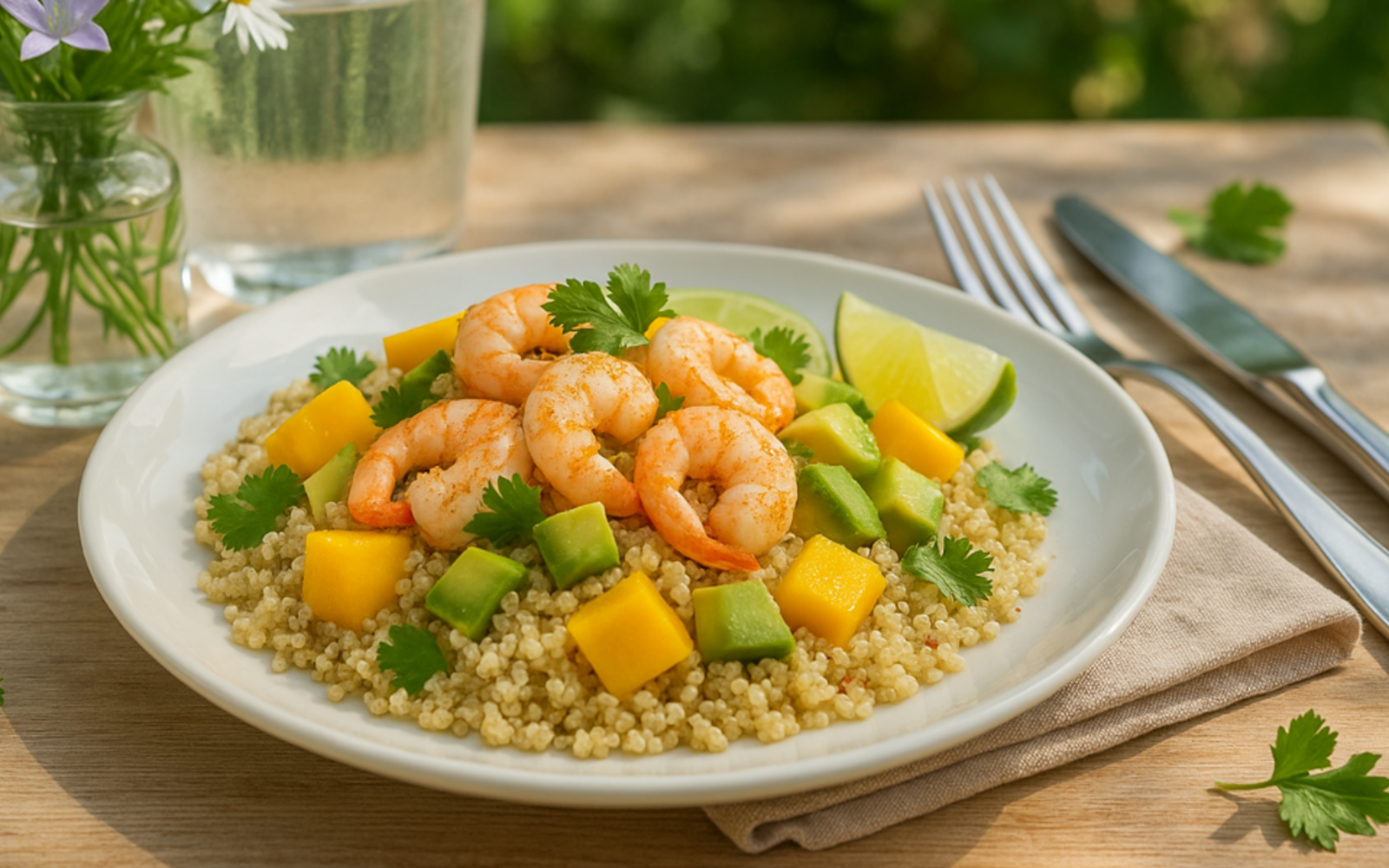 Gamberetti boreali su insalata di quinoa con mango e avocado