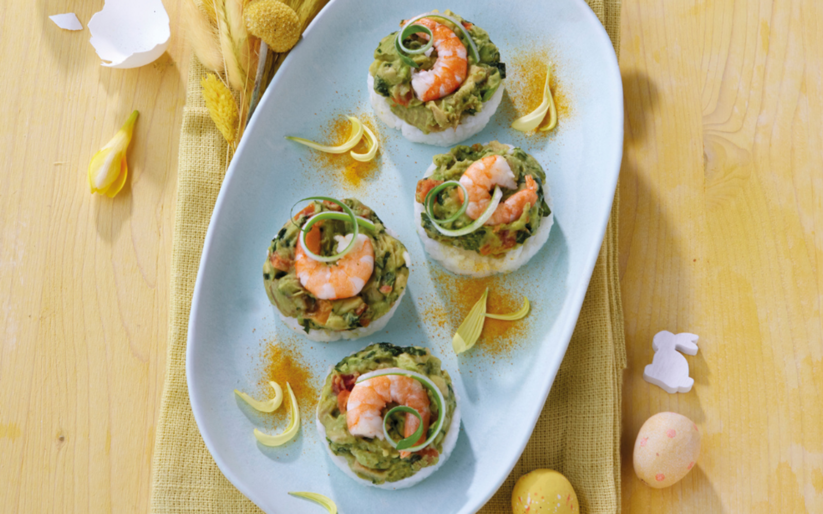 Torrette di riso con mazzancolle e guacamole