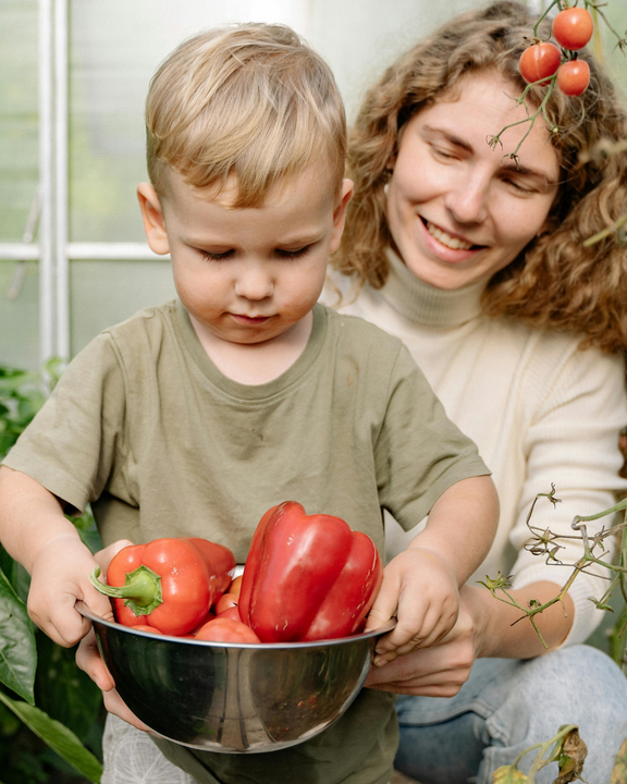 bimbo e mamma nell'orto, raccolgono peperoni