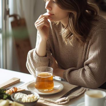 Donna seduta al tavolo della cucina che guarda pensierosa una colazione leggera con tè caldo e cibo semplice, in un momento di riflessione sul rapporto con il cibo.