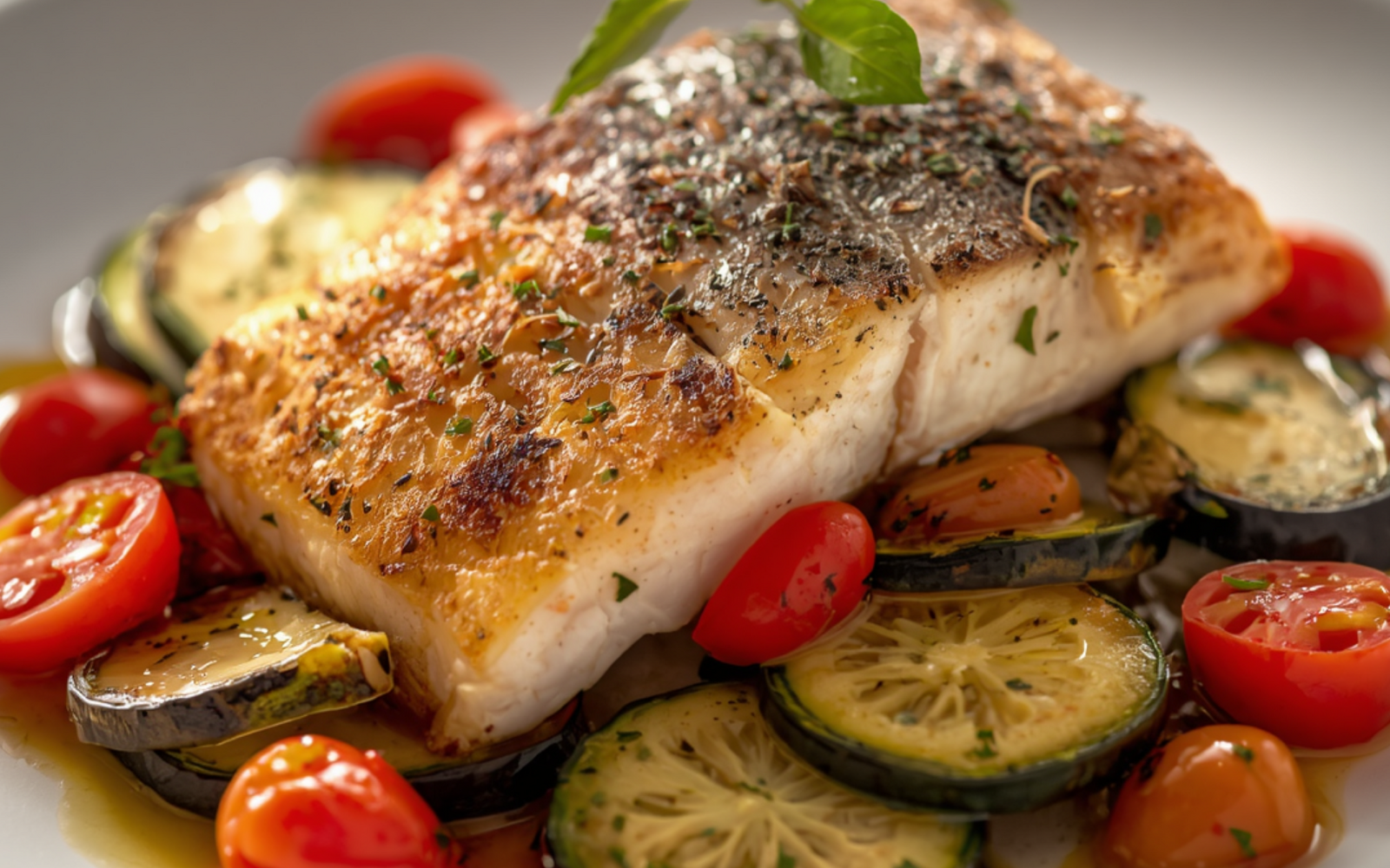 Filetto di branzino al forno con verdure mediterranee e profumo di agrumi