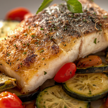 Filetto di branzino al forno con verdure mediterranee