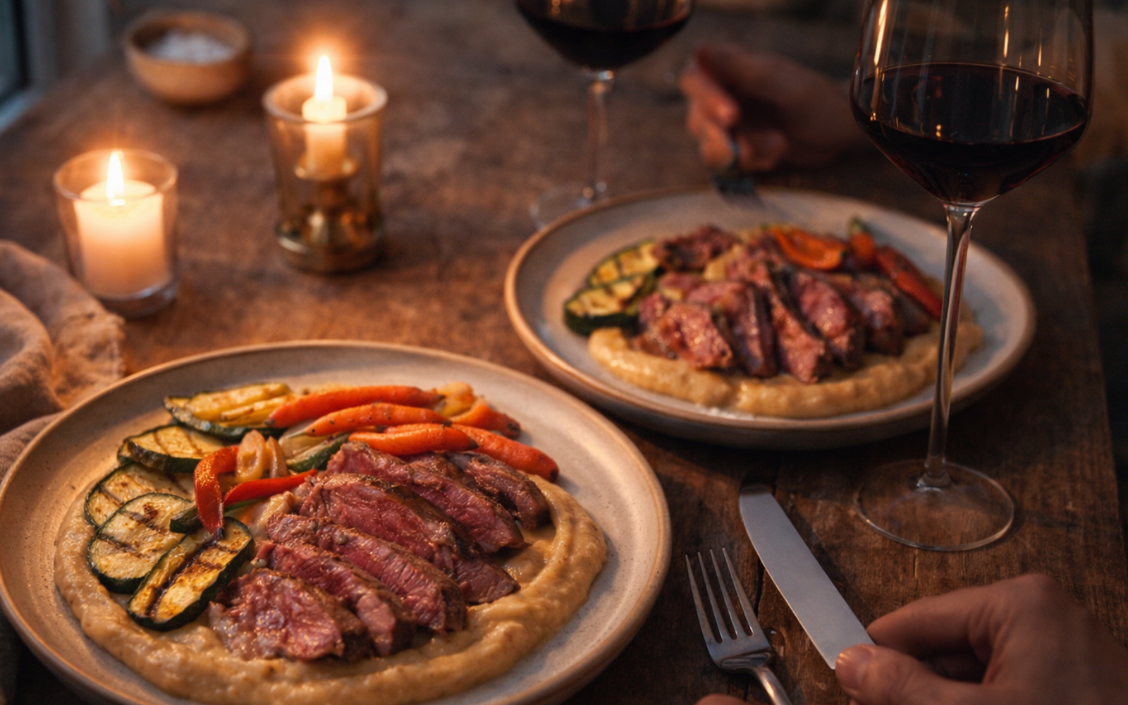 Tagliata di manzo con Vellutata di ceci, verdure grigliate e carotine mignon