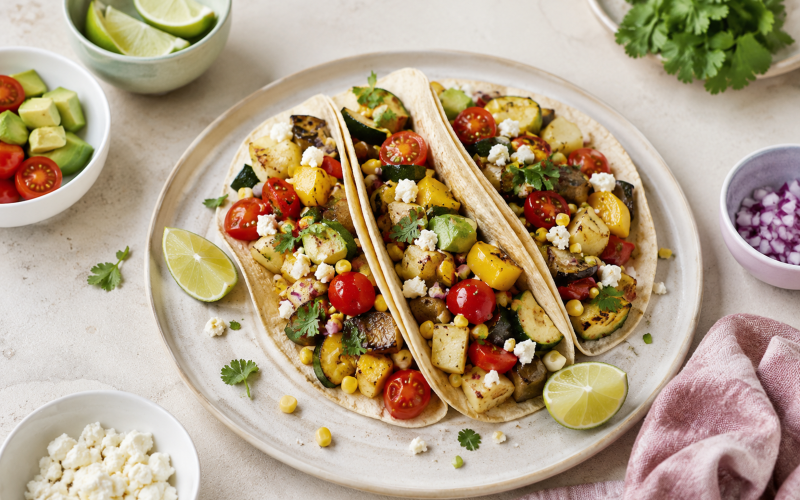 Tacos vegetariani con verdure grigliate e guacamole