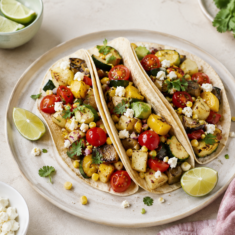 Tacos vegetariani con verdure grigliate e guacamole