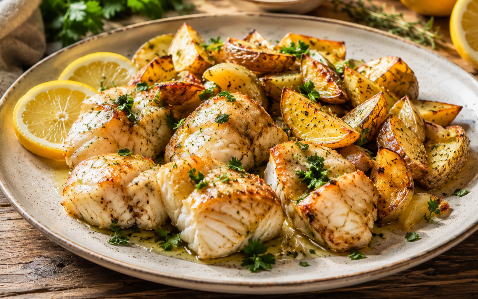 Rana pescatrice al forno con patate rustiche e limone