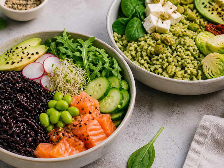 bowl moderna con riso nero e riso verde, ingredienti freschi e naturali, luce morbida, stile editoriale food contemporaneo, atmosfera pulita e minimal, focus su colore e texture del riso, sensazione di alimentazione sana e consapevole