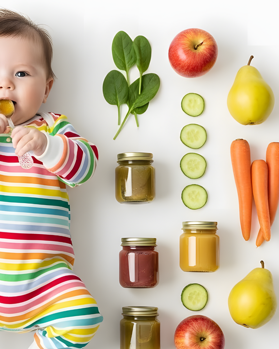 neonato accanto a omogenizzati a base di verdure