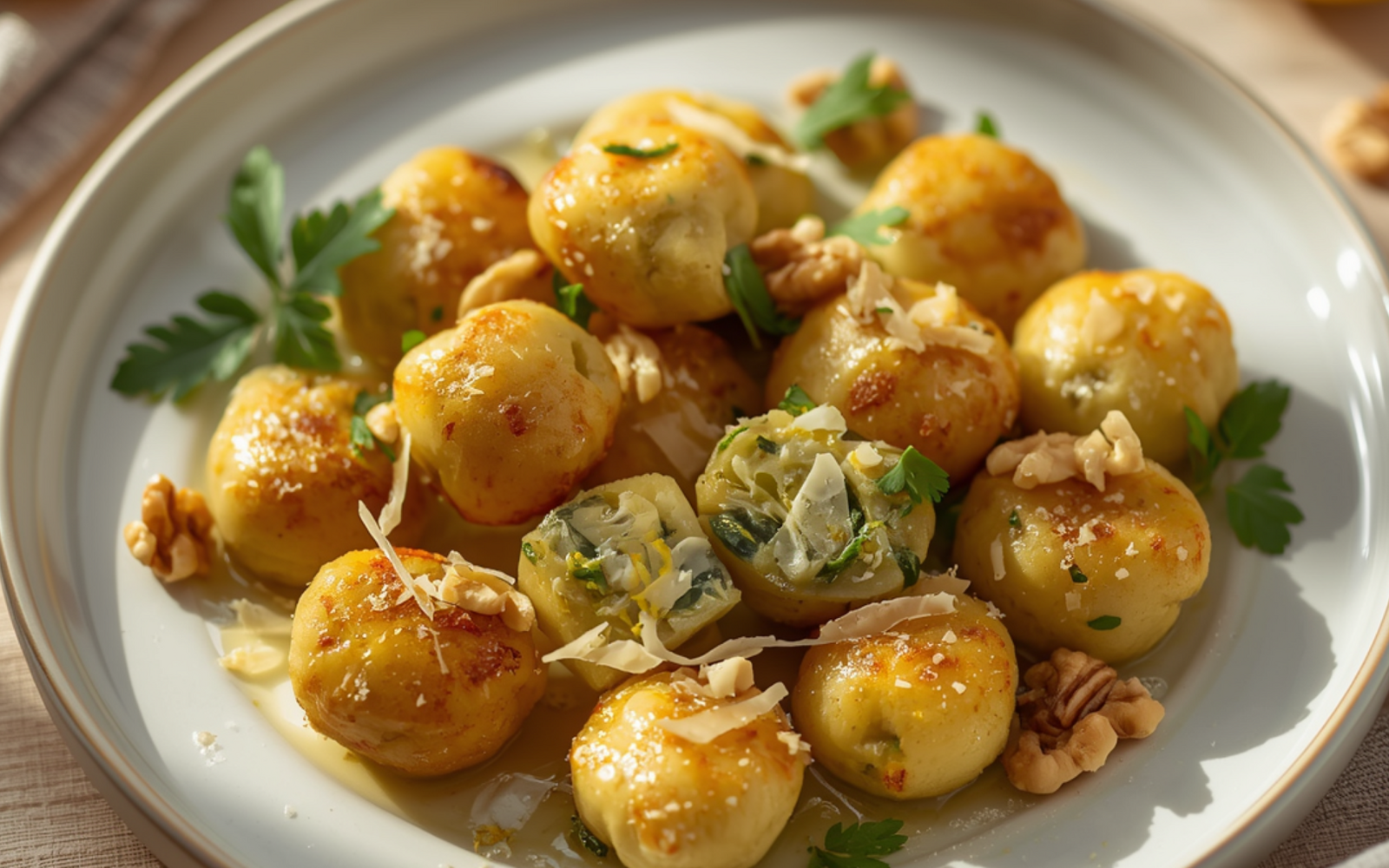 Gnocchi dorati e ripieni con spinaci e noci