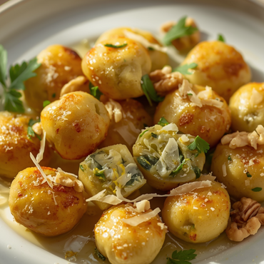 gnocchi ripieni, nella sezione si vedono gli spinaci e le noci ornano il piatto
