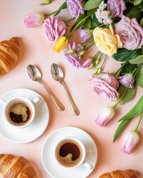 tavola rosa con elementi floreali tenui