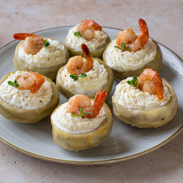 fondi di carciofo con mousse di bufala e mazzancolle