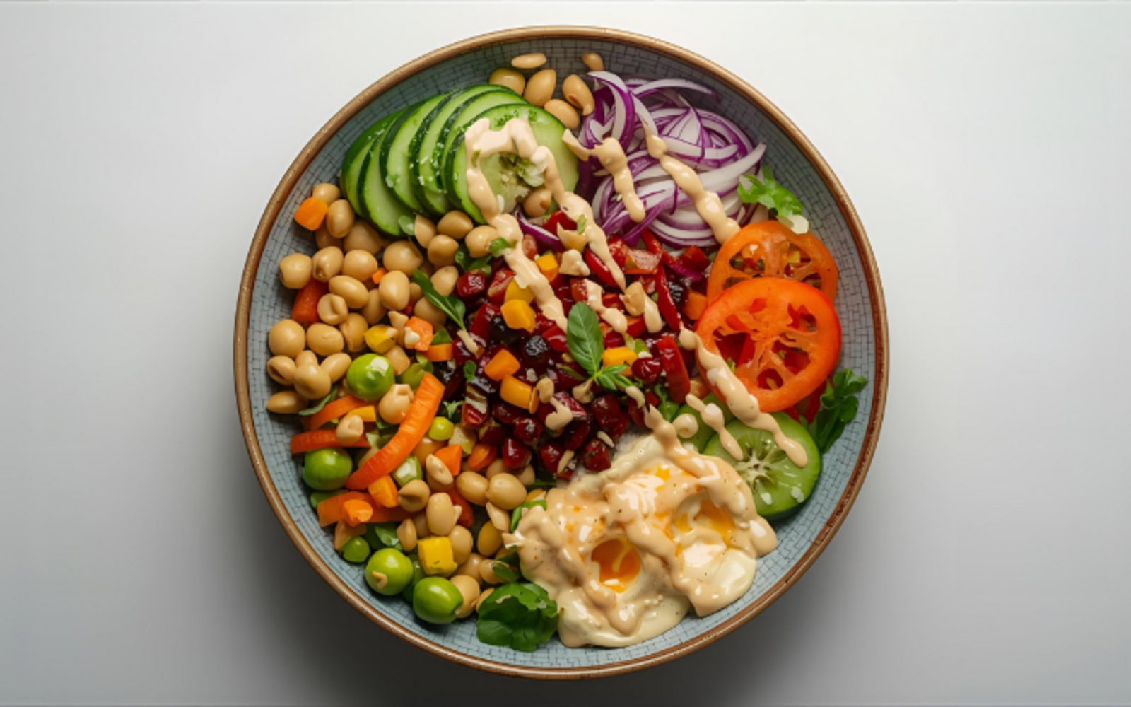 Bowl vegetale con legumi, verdure di stagione e salsa cremosa