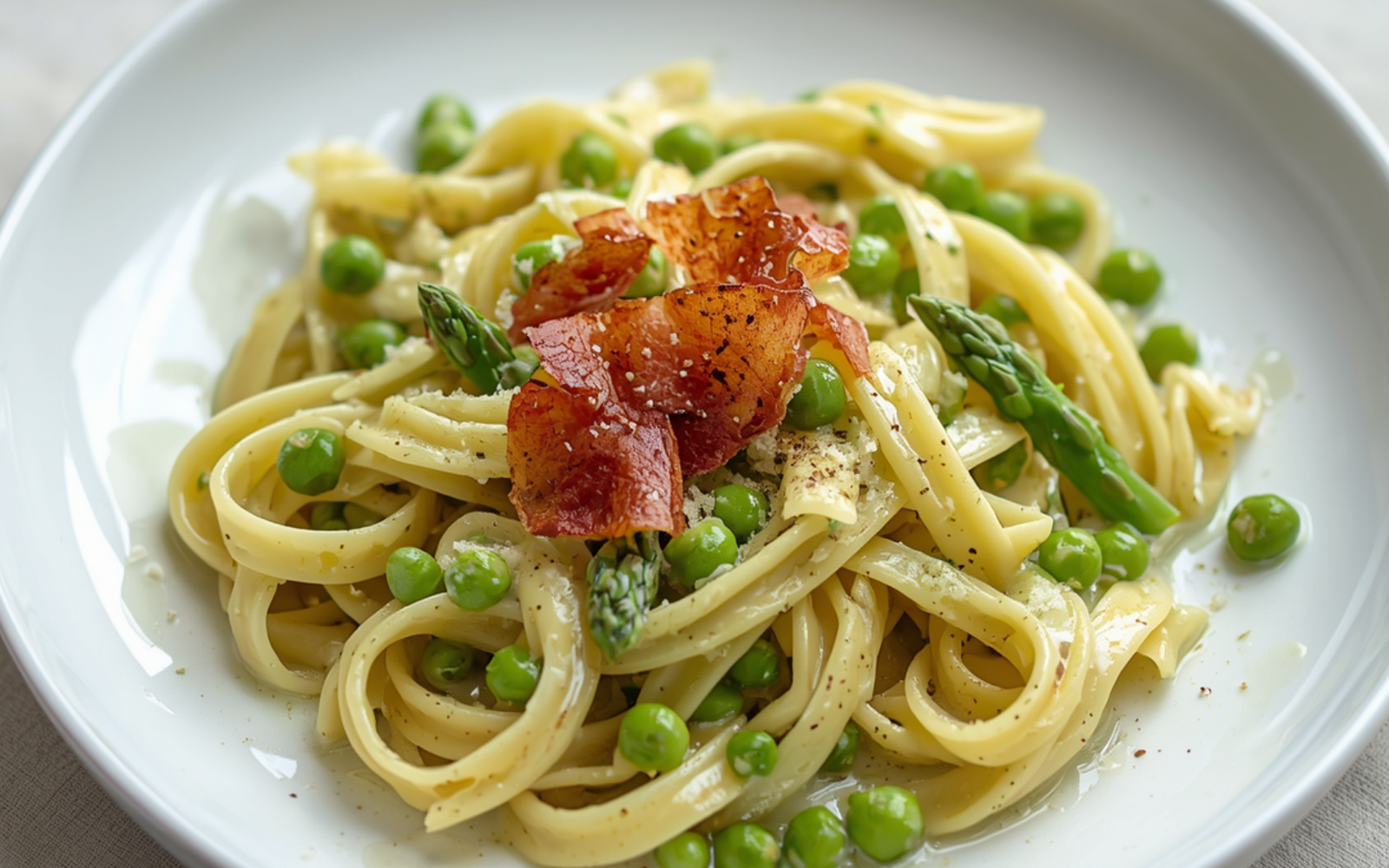 Pasta cremosa piselli, asparagi e pancetta
