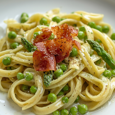 Pasta cremosa piselli, asparagi e pancetta