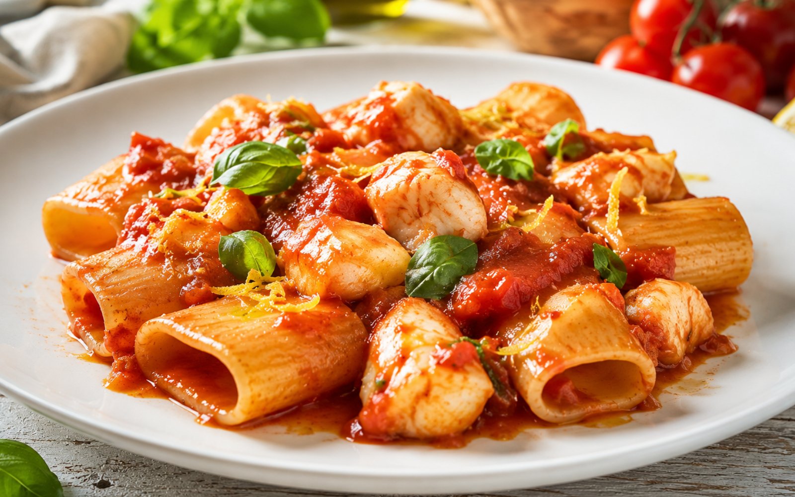 Paccheri con rana pescatrice e salsa di pomodoro Siccagno