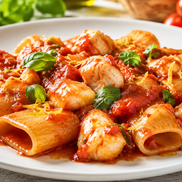 Paccheri con rana pescatrice e salsa di pomodoro