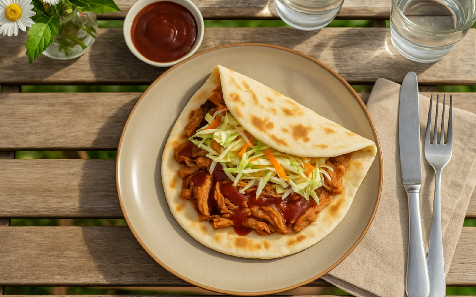 Piadina con pulled pork, coleslaw fresco e salsa BBQ